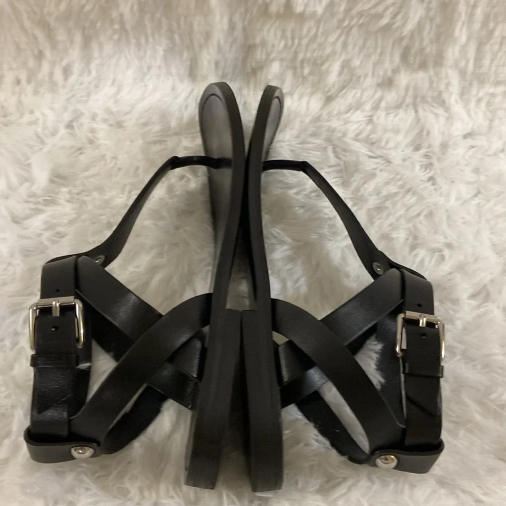 & OTHER STORIES WOMEN BLACK T FRONT GENUINE LEATHER ROMAN STYLE SANDALS.SIZE-7